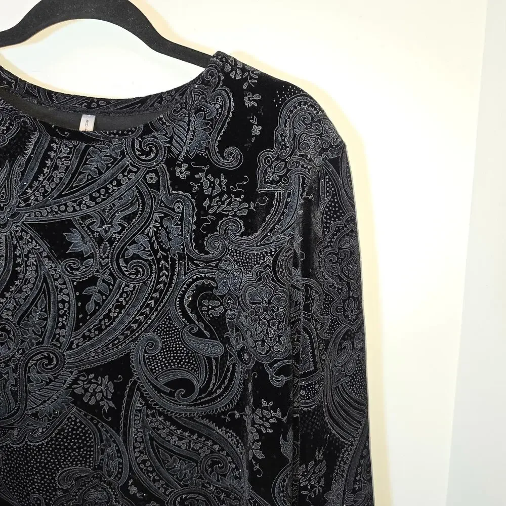 White Stag Black Paisley Velvet Long Sleeve Stretch Top Party Shimmer Size L
